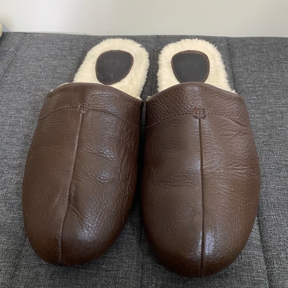 Ugg Mens Brown Leather Sherpa Lounge Slippers- Sz-10 - Picture 2 of 16